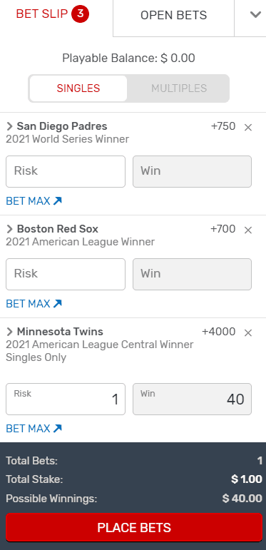 2021 baseball futures parlay for MLB