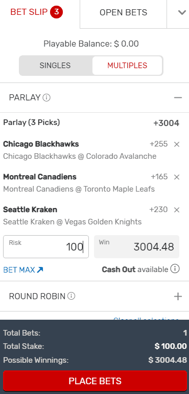 2022 NHL parlay longshot