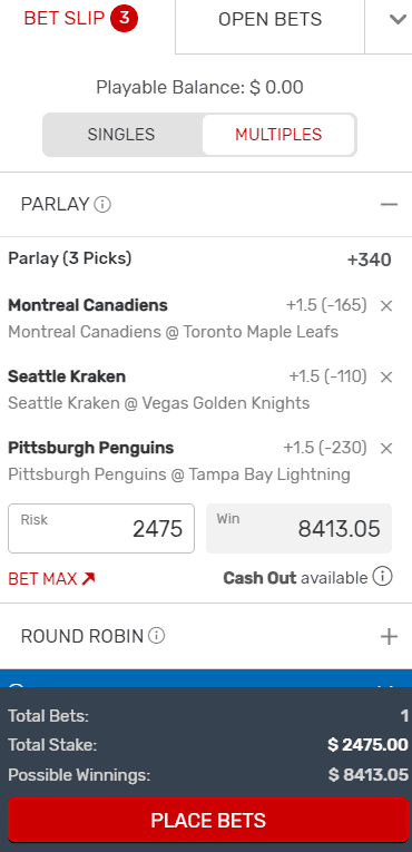 2022 max bet hockey parlay