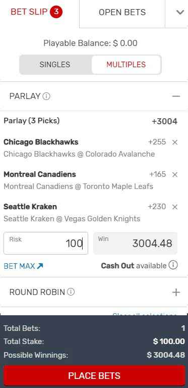 Blackhawks Parlay Slip