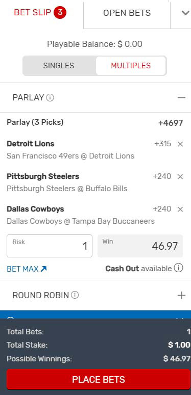 Lions Steelers Cowboys Parlay Slip